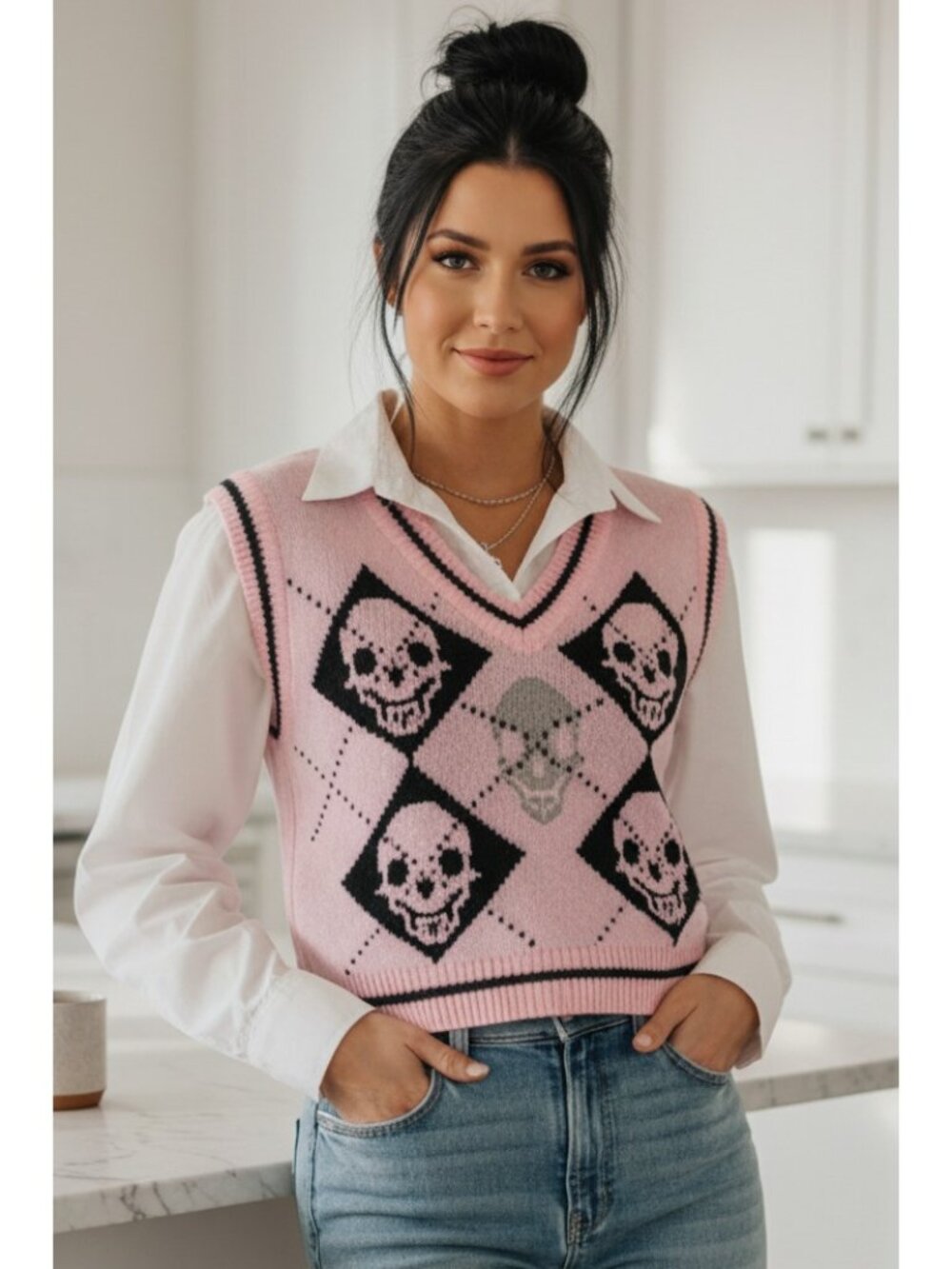 Skull Argyle V-Neck Boxy Knit Sweater Vest Contrast Stripe Sleeveless Pullover T